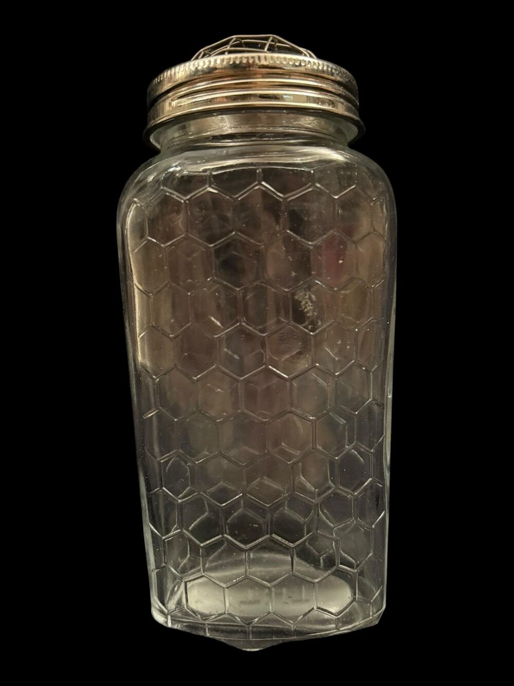Honeycomb Glass Bottle Vase Honeycomb Lid Flower Frog 6.5" Tall Cottagecore